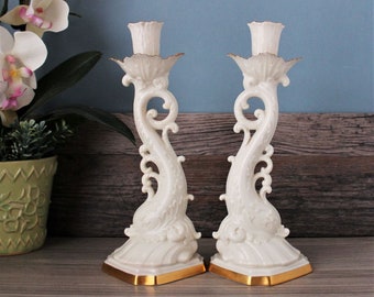 LENOX Dolphin Candle Holder Pair Aquarius Collection Porcelain 24k Gold Set of 2 Tall Ivory White Porcelain Candlestick Holders Vintage