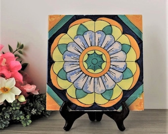 Stort spanskt vintageplattor: Handmålad Talavera, Keramisk konst, 8x8 stativ ingår