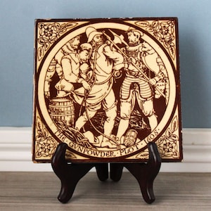 MINTON Ceramic Tile & Stand, The Gunpowder Plot, Artisan Pottery Tileworks, Stoke on Trent, Made in England, 1800s Antique Collectible