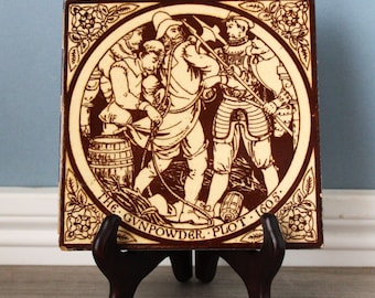 MINTON Ceramic Tile & Stand, The Gunpowder Plot, Artisan Pottery Tileworks, Stoke on Trent, Made in England, 1800s Antique Collectible