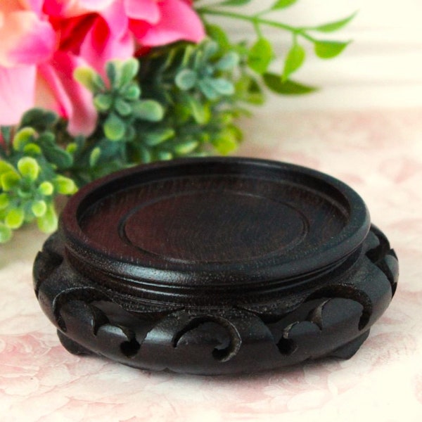 Round Carved Wood Stand Chinese Display Wooden Pedestal Asian Ornate Solid Dark Brown Riser for Ginger Jars Vases Bowls Plant Stand Vintage