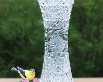 Large Crystal Vase 14" Tall Cut Crystal Etched Sawtooth Rim Floral Flower Holder Starburst Gift Collectible Classic Traditional Vintage