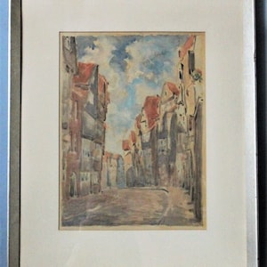 Framed European Village Watercolor Painting: Signed Vintage Cityscape Art