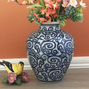 Asian Vase 8" Tall, Japanese Octopus Vine Pattern aka Tako Karakusa, Porcelain Blue Vessel, Flower Holder, Made in Japan, Vintage Décor