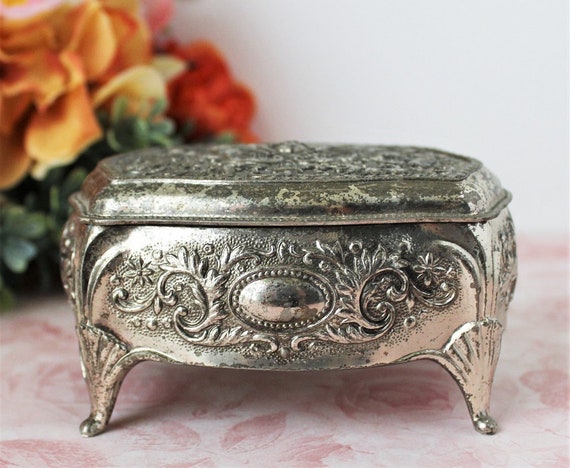 Ornate Brass Box with Hinged Lid Cross and Velvet Lining