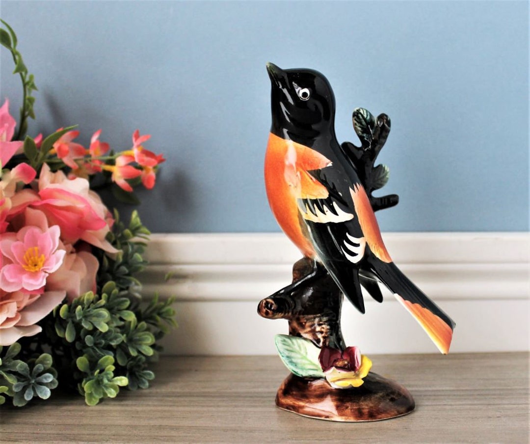 NIPPON Baltimore Oriole Vintage Bird Figurine Nature Scene With Flowers