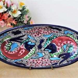 Oval Double Fish Bowl or Dish with Aquatic Motif, Hand Painted Colorful Sea Life Pattern, Crafted Ceramic  Artisan Pottery Signed, Vintage