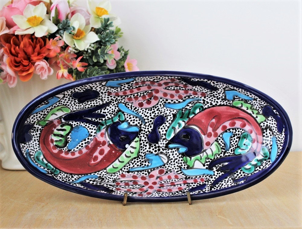 Oval Double Fish Bowl or Dish with Aquatic Motif, Hand Painted Colorful Sea Life Pattern, Crafted Ceramic  Artisan Pottery Signed, Vintage