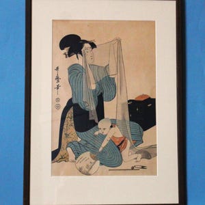 Framed Authentic Japanese Woodblock Print, Original KITAGAWA UTAMARO, Needlework, Mother & Child, Japan Ukiyo-e Art, Asian Vintage, Antique