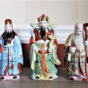 Hand-Painted Ceramic Chinese Deity Statues - Good Fortune, Set of 3, Gift Box Included