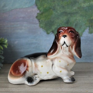 Vintage Basset Hound Figurine: Hand-Painted Porcelain Puppy Statue, Made in Japan