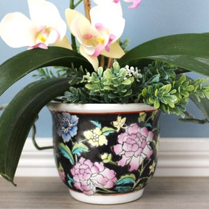 Planter w/ Drainage & Saucer Tray Small Porcelain Flowerpot Asian Floral Plant Holder Colorful Pinks, Blues Traditional Garden Décor Vintage