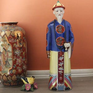 Hand-Painted Ceramic Chinese Scholar Figurine: Large 18&quot; Tall, Vintage Asian Decor