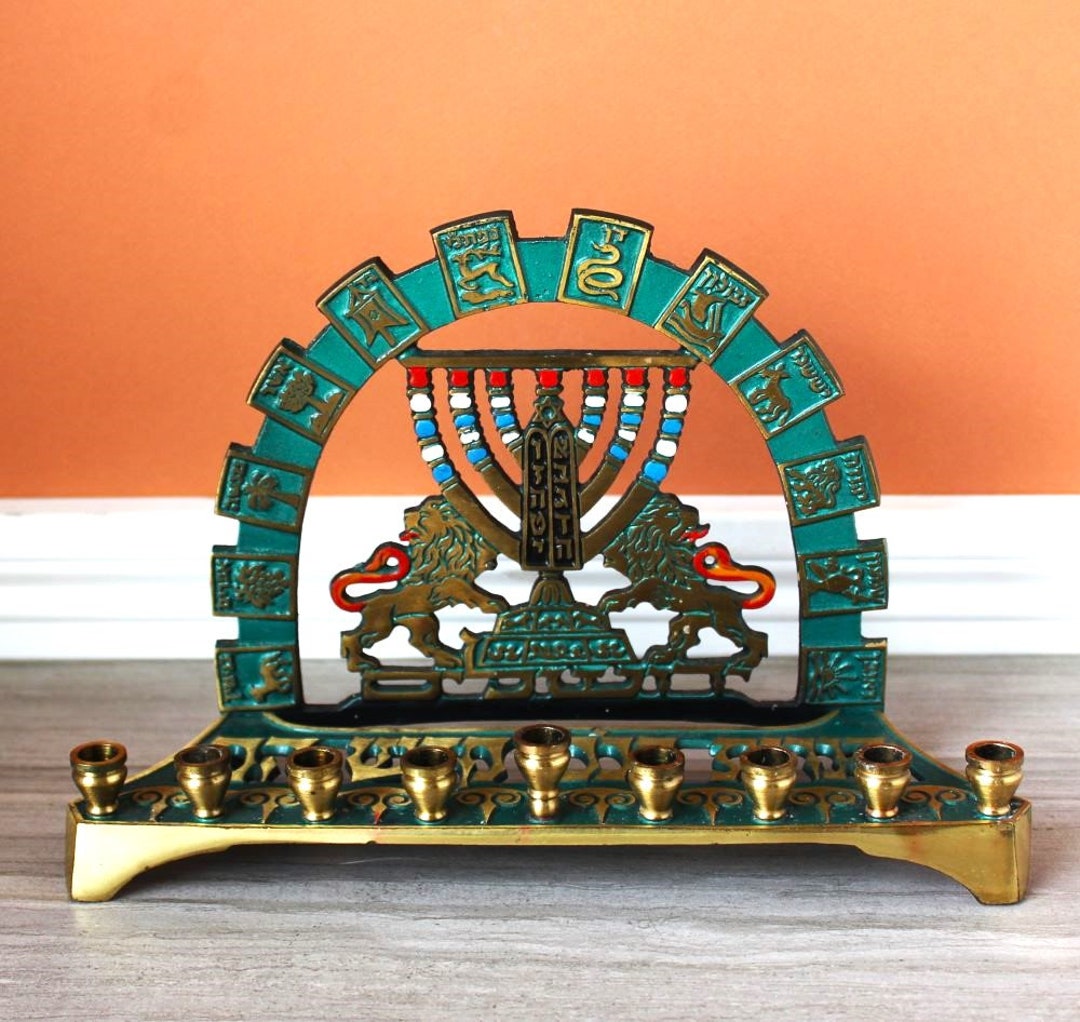 Menorah De Hanoukka 7 Branches - Bougeoir Juif En Alliage Zinc Doré Avec 12 Tribus D'Israël, Base Stable Pour Salon Ou Bureau