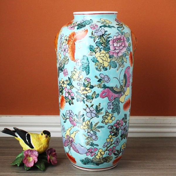 Large Asian Vase 12" Tall Hand Painted Vessel Ceramic Porcelain Turquoise Blue Chinoiseries Butterfly Flower Chinese Holder Floral Vintage