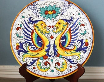 Italian Ceramic DERUTA Pottery, 12&quot; Large Decorative Tray, Hand Painted Platter, Majolica Dragon Plate, Colorful, Collectible, Vintage Italy