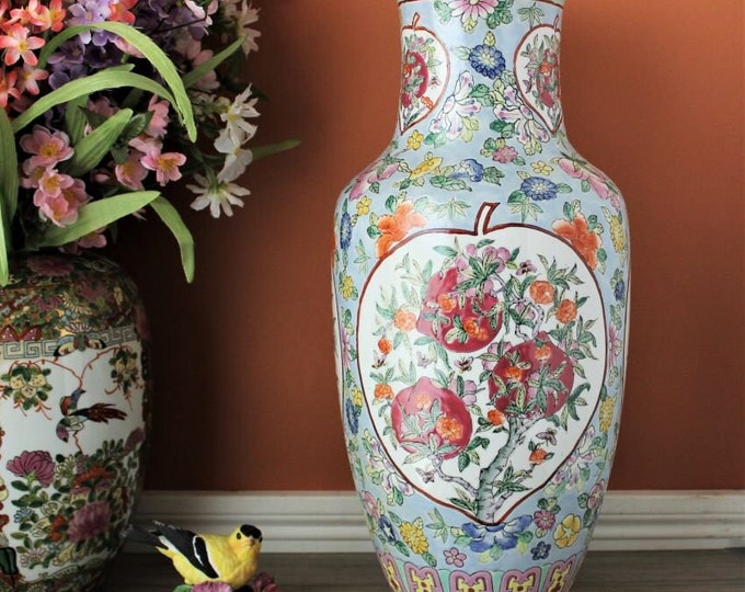 Large Asian Vase 18 Tall Centerpiece Chinese Flower Vessel Hand Painted Pomegranates Butterflies