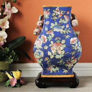 Antique Qing Dynasty Vase with Stand: Hand-Painted Floral Porcelain, Large 12&quot; Tall