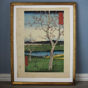 Gerahmter Utagawa Hiroshige Holzschnitt: Berg Fuji, Kirschblüten