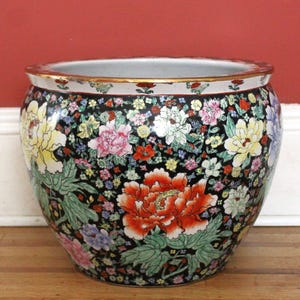 Large Floor Planter 12x15", Asian Koi Fish Bowl: Hand Painted Porcelain, Vintage