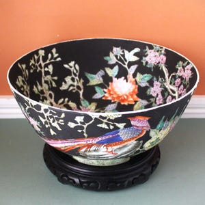Large Famille Noir Porcelain Bowl: Phoenix & Flowers, Large 12&quot; Chinese Centerpiece w/ Stand, Vintage