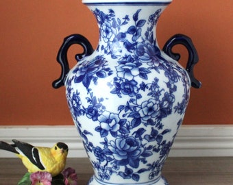 Large Asian Vase 10.5" Tall  w/ Handles Floral Chinese Porcelain Vessel Classic Blue & White Flower Holder Vintage Garden Décor Chinoiseries