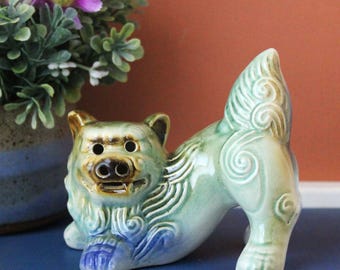 Chinese Foo Dog Figurine, Small Ceramic Green & Blue Guardian Shi-Shi Lion, Single Colorful Fu Dog, Asian Décor Fengshui Statue, Vintage