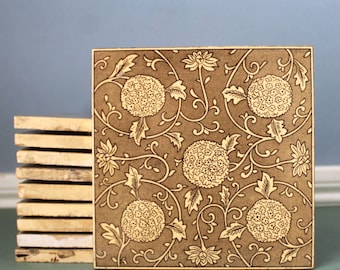 Antique MINTON Botanical Tile Set: Victorian Transferware, Stoke on Trent, 6x6, Set of 4