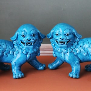 Large Chinese Foo Dog Figurine Pair, 10" Long, Turquoise Blue Ceramic, Guardian Shi-Shi Lion, Colorful Fu Dogs Set, Asian Statue Vintage