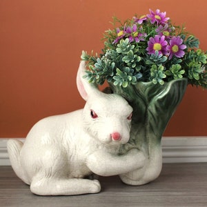 Vintage White Rabbit Planter: Ceramic Bunny with Cabbage Pot