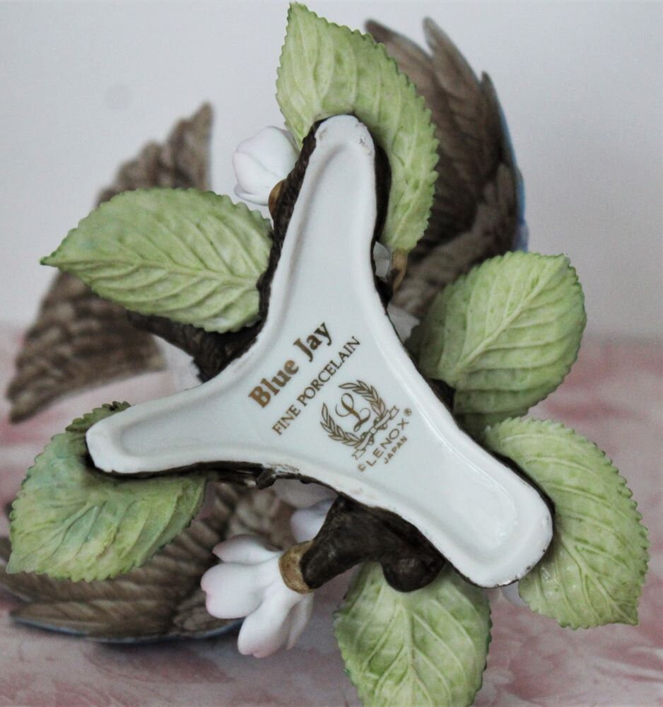 LENOX Blue Jay Bird Figurine Nature Scene With Flowers Leaves Etsy