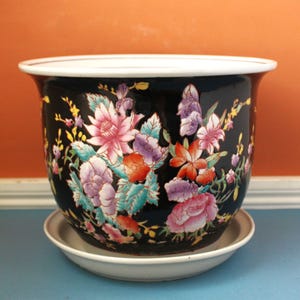 Stor kruka med dränering och fat, 25 cm bred, handmålad porslin, asiatisk trädgårdsdekor, vintage