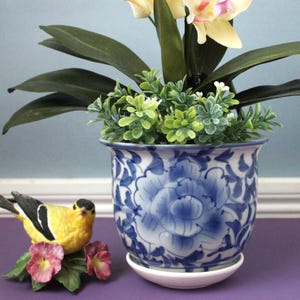Handbemalter blauer weißer Porzellan-Blumentopf mit Unterteller, Vintage-Asiatischer Blumentopf