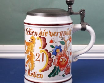 Vintage Beer Stein: GERZ West Germany, Lion Emblem, Hinged Lid, Collectible German Bar Decor