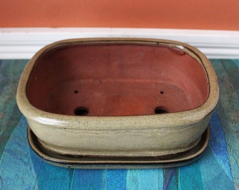 Vintage Asian Bonsai Planter with Tray: Glazed Ceramic Garden Decor