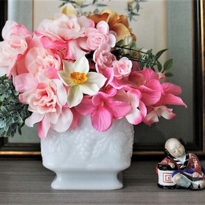 Vintage Milk Glass Planter: Embossed Grapevine Cachepot, Pedestal Base
