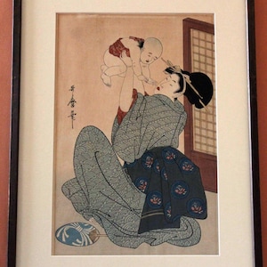 Framed Authentic Japanese Woodblock Print, KITAGAWA UTAMARO, Original Mother and Child, Asian Art Traditional Kimono, Vintage, Antique Japan