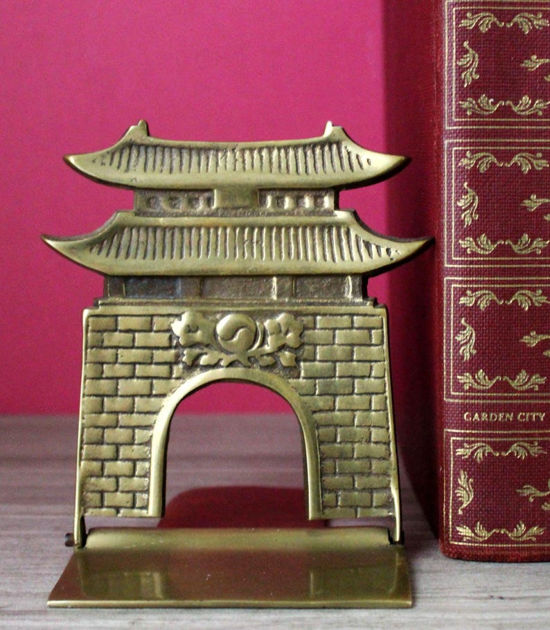 Vintage Brass Bookends: Chinese Pagoda - Hinged Folding Pair - Book Holder Library Accessory image 3