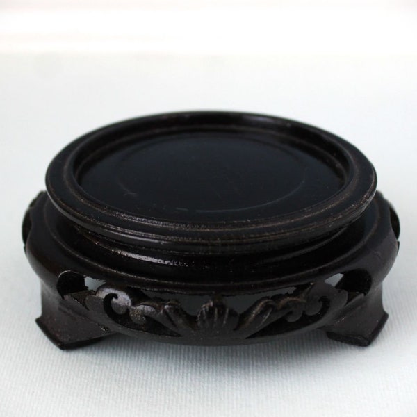 Small Round Carved Wood Stand Vintage Chinese Display Wooden Pedestal Asian Ornate Solid Black Lacquer Riser for Ginger Jars Vases Bowls