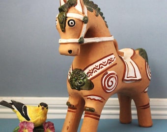 陶器に半絵付けされた馬 - 高さ12.6インチ、置物、陶芸彫刻、ペルー製