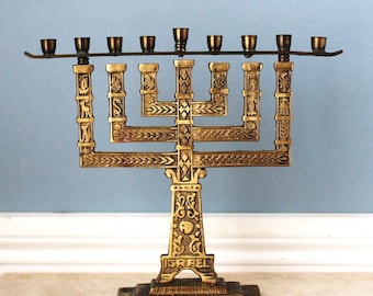 Brass Hanukkah Menorah Twelve Tribes of Israel Metal Judaic Candle Holders Religious Décor Vintage Holiday Jewish Tabletop Mantel Art