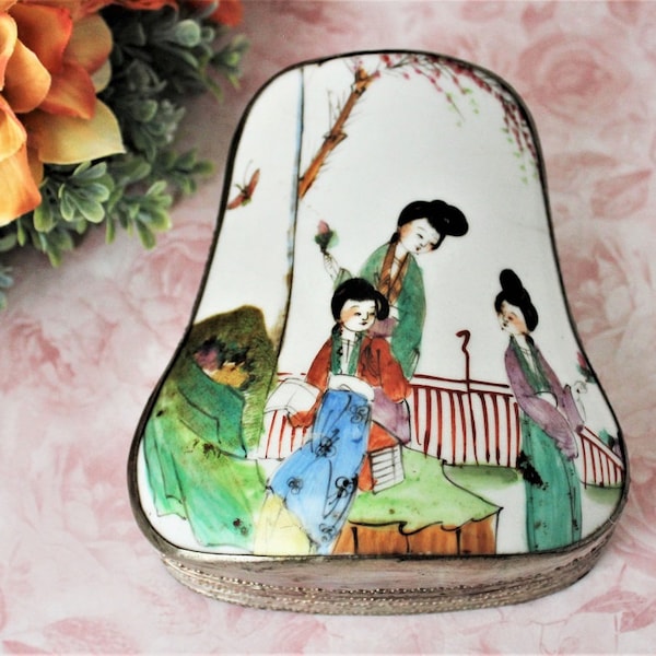 Chinese Shard Box Porcelain Top Silver Plate Box Pillow Shape Jewelry Trinket Keepsake Hand Painted Asian Figures Landscape Vintage