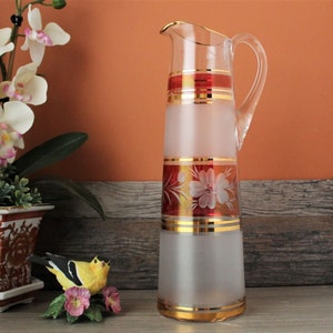 Etched Floral Glass Pitcher: Tall Cocktail Server, Gold Accent Barware
