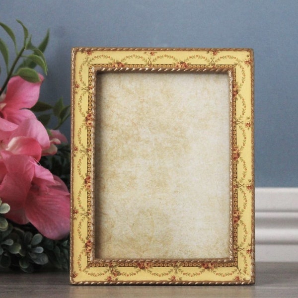 Brass Picture Frame Enameled 3.5x5 BUCKLER's Metal Photo Frame Yellow Floral Motif Glass Front Swivel Easel Back Modern Hand Crafted Vintage