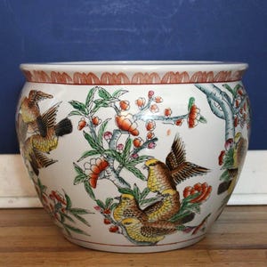 Vintage Chinese Floor Planter, 9.5x13", Large Asian Koi Fish Bowl, Birds, Hand Painted Porcelain