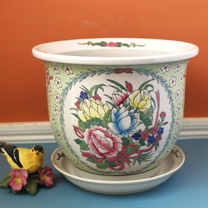 Large Porcelain Planter 10.5" Wide: Hand Painted, Floral Flowerpot, Asian Garden Décor, Vintage