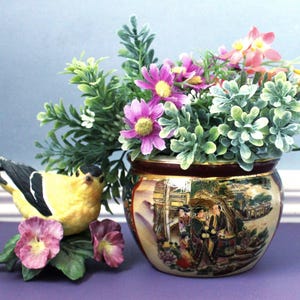 Vintage Satsuma Planter: Hand-Decorated Porcelain Flowerpot, Asian Garden Scene