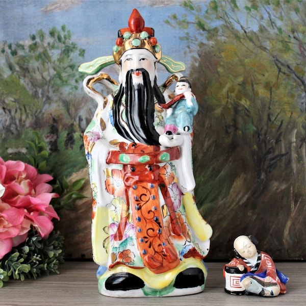 12" Chinese Deity Lu Xing Statue Large Vintage Hand Painted Sanxing Immortal Figurine Lucky Fu Lu Shu Collectible Asian Wise Men Scholar