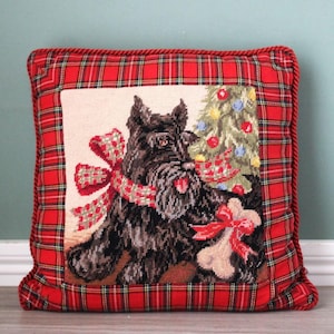 Needlepoint Scottie Dog Throw Pillow: Vintage Scottish Terrier Accent Cushion