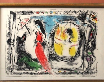 MARC CHAGALL Litografi: Bakom spegeln, Autentisk inramad vintagekonst, Original begränsad upplaga